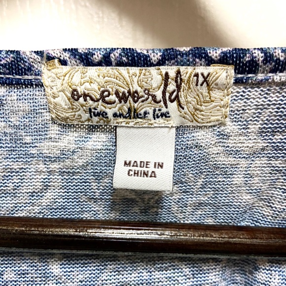 Oneworld Blue Patchwork Boho Peasant Top XL Floral Paisley Long Sleeve - Picture 6 of 11